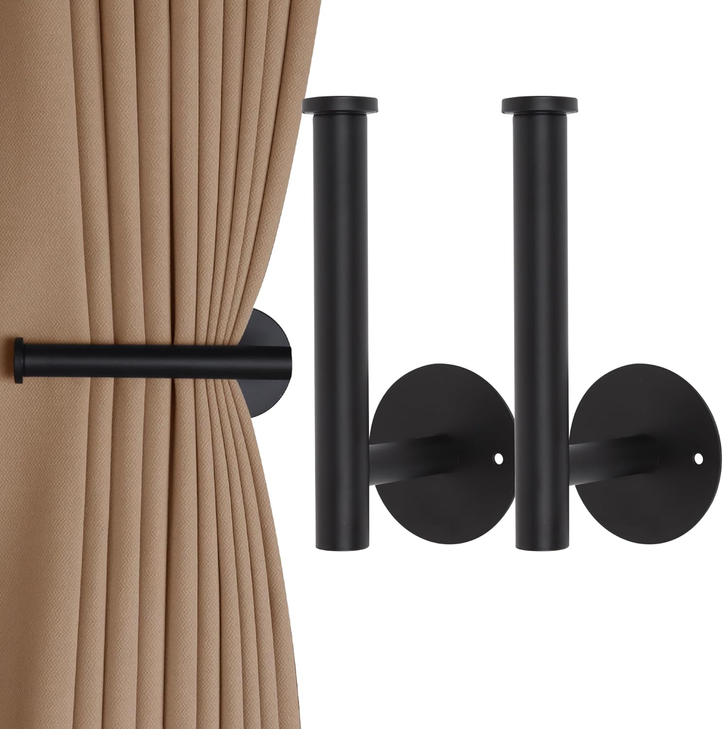 2 Pack Curtain Holdbacks No Drill Curtain Tiebacks Self-Adhesive/Screw-in Curtain Holdbacks Curtain Pull Backs Curtain Hooks Curtain Holders Curtain Tie Backs for Curtains (2, Black)